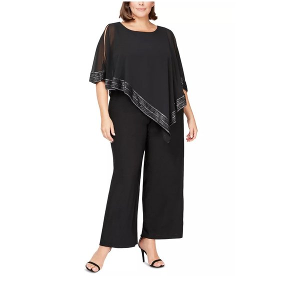 SL FASHIONS Plus Size Asymmetrical-Overlay Jumpsuit Black 20W